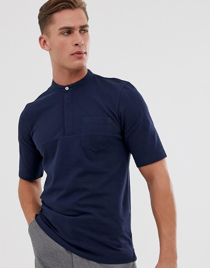 Jack & Jones Premium Grandad Collar T-shirt In Navy - Navy