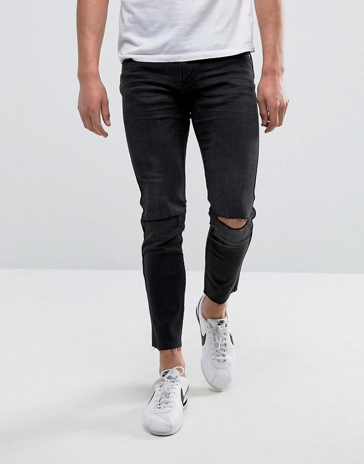 Mango Man Skinny Jeans With Knee Rips In Black - Black