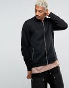 Asos Oversized Jersey Bomber Jacket With Quilted Panel & Gold Zips - Black