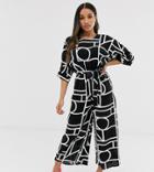 Asos Design Petite Tie Waist Jumpsuit In Mono Geo Print - Multi