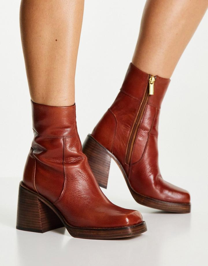 Asos Design Region Leather Mid-heel Boots In Tan-brown