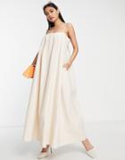 Asos Edition Pleat Front Cotton Cami Midaxi Dress In Stone-neutral