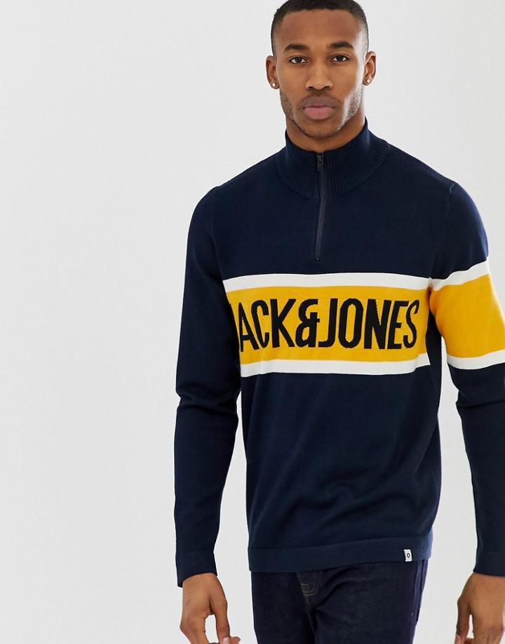 Jack & Jones Core Quarter Zip Logo Pull Over - Navy