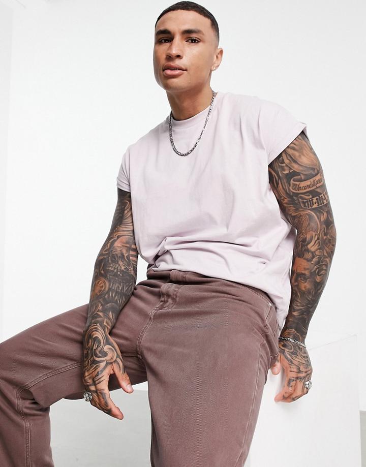 Asos Design Oversized Longline T-shirt With Roll Sleeve In Lilac-purple