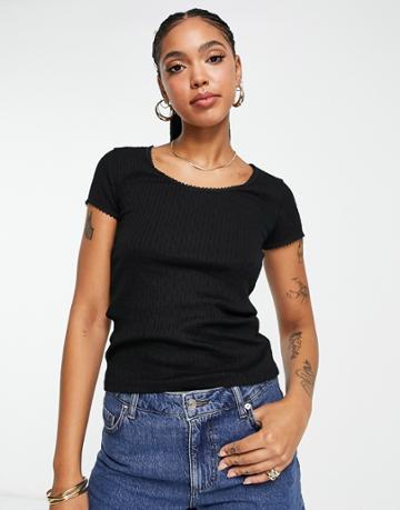 Topshop Lace Pointelle Tee In Black