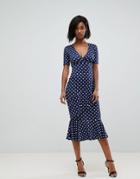 Club L Polka Dot Short Sleeve V Wrap Front Dress-navy