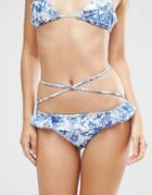 Asos Inky Floral Frill Bikini Bottom - Blue