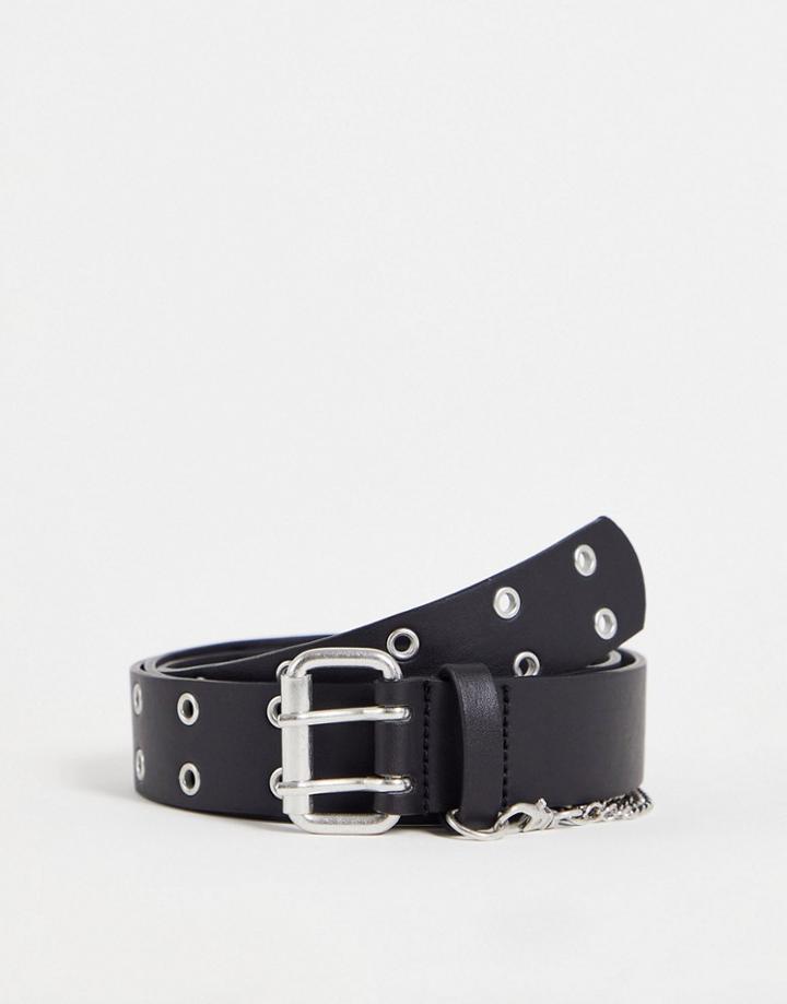 Asos Design Wide Waist And Hip Eyelet Belt With Chain Detail In Black