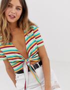 Asos Design Tie Front Top In Bright Stripe-multi