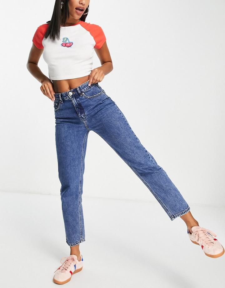 Stradivarius Tall Slim Mom Jeans With Stretch And Rip In Authentic Blue-blues