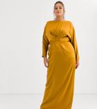 Asos Design Curve Maxi Dress With Batwing Sleeve And Wrap Waist In Satin-yellow