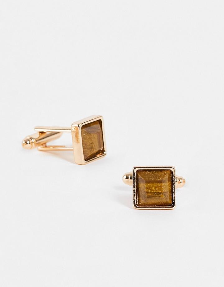 Asos Design Wedding Cufflinks With Faux Tigers Eye In Gold Tone