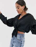 Signature 8 Oversized 80's Tie Front Shirt-black