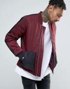 Asos Bomber Jacket With Quilted Panels In Burgundy - Red
