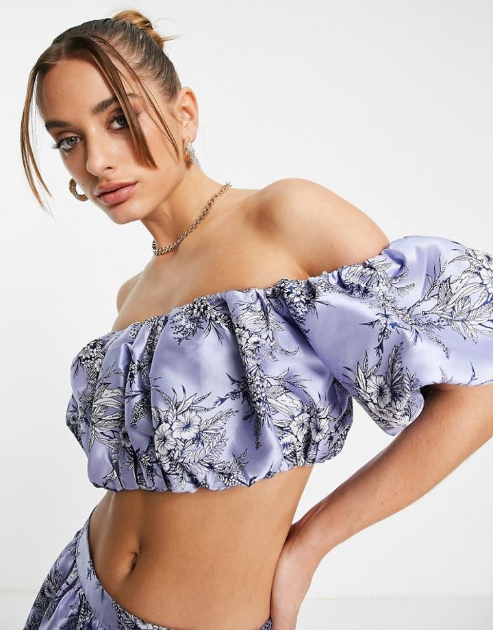 Asos Edition Jacquard Off Shoulder Puff Crop Top In Blue