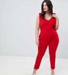 Club L Plus Bow Shoulder Detailed Crepe Jumpsuit - Red