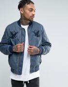Asos Bomber Jacket With Eagle Embroidery In Washed Blue - Navy
