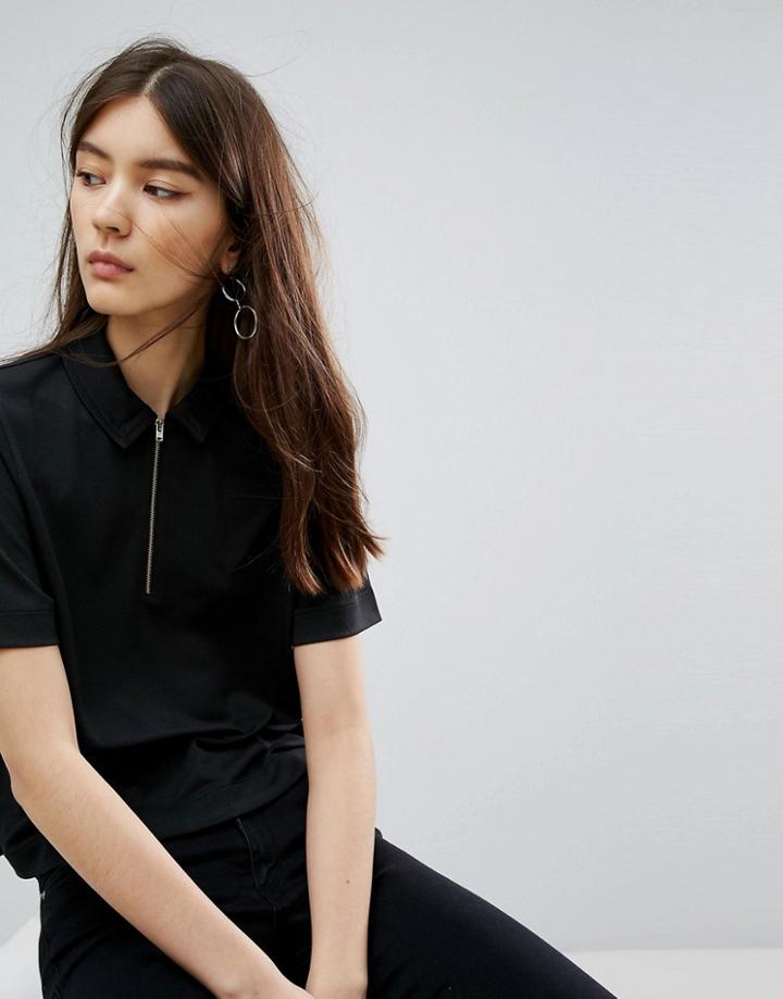 Dr Denim Polo Shirt With Zip - Black