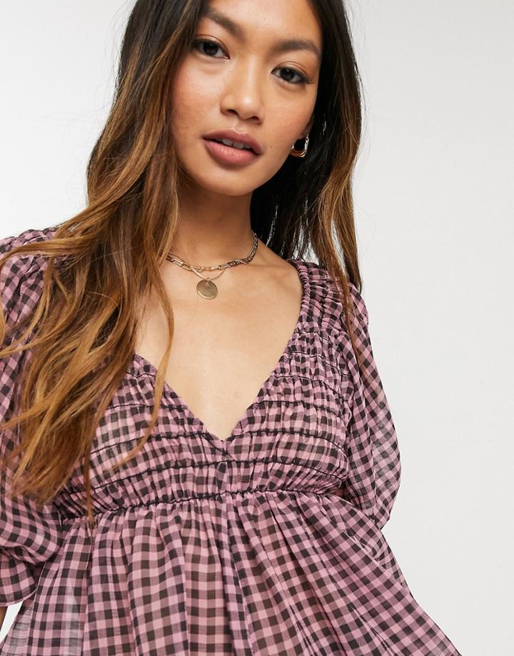 Asos Design V-neck Top With Shirred Waist And Puff Ruffle Sleeves In Pink Gingham-multi