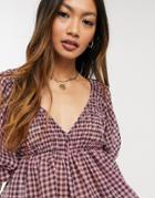 Asos Design V-neck Top With Shirred Waist And Puff Ruffle Sleeves In Pink Gingham-multi