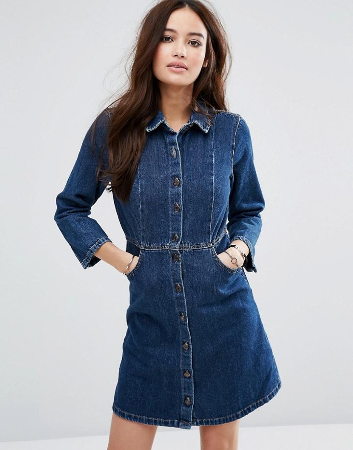 Pull & Bear Denim Button Through Dress - Blue