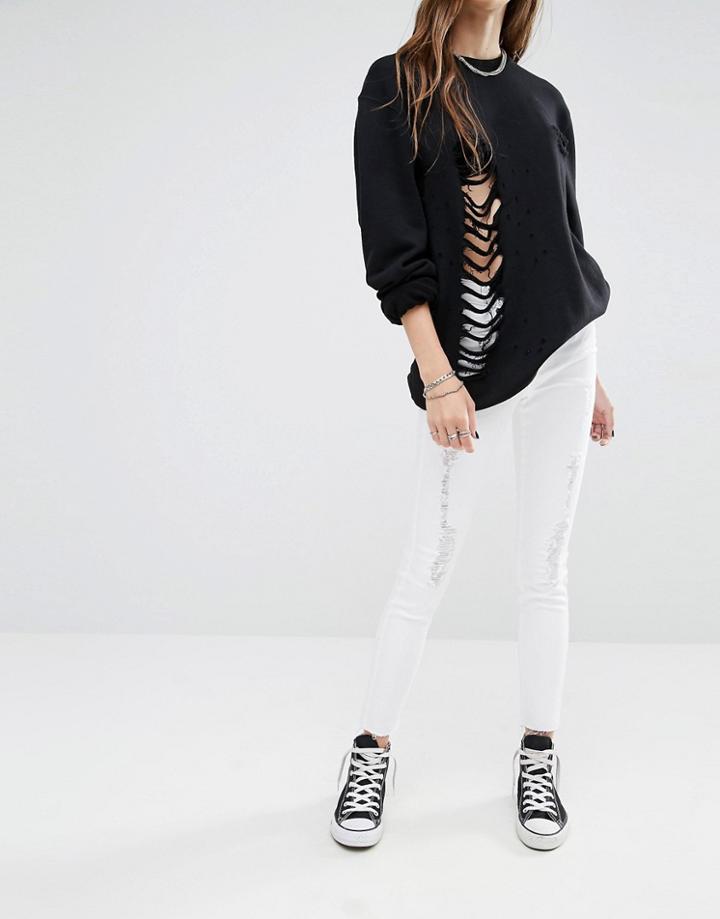 Noisy May Lucy Ankle Grazer Jeans With Rips & Raw Hem - Bright White
