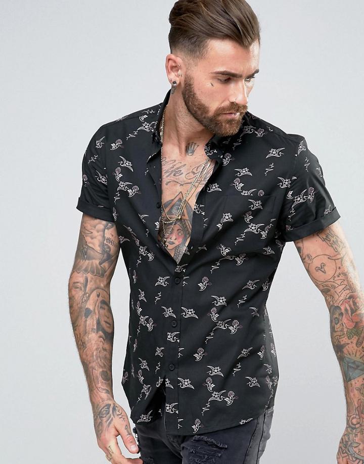 Asos Slim Floral Print Shirt - Black