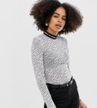Monki High Neck Mesh Top With Text Print In Off White