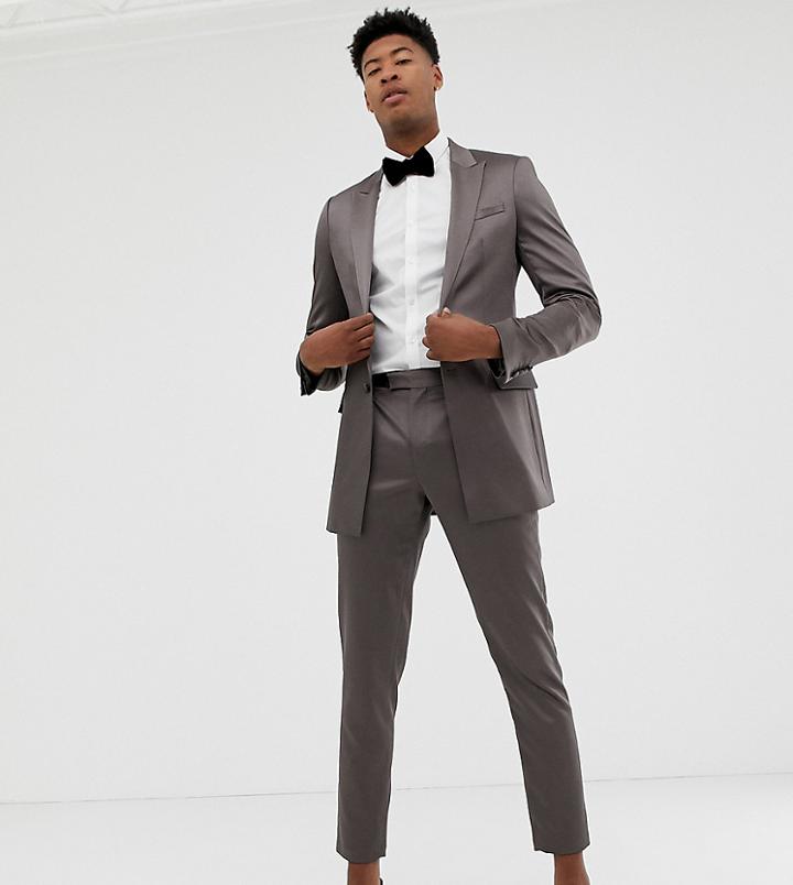 Asos Design Tall Cigarette Suit Pants In High Shine Gunmetal Sateen-gray