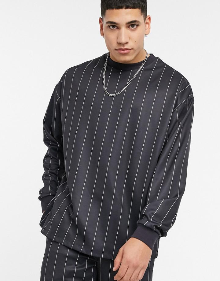 Asos Design Two-piece Oversized Poly Tricot Sweatshirt With All Over Stripes-black
