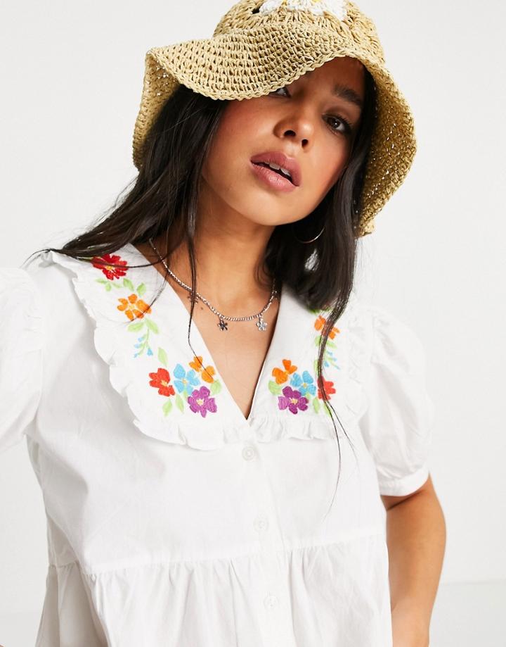 Violet Romance Peter Pan Collar Blouse With Floral Embroidery In White