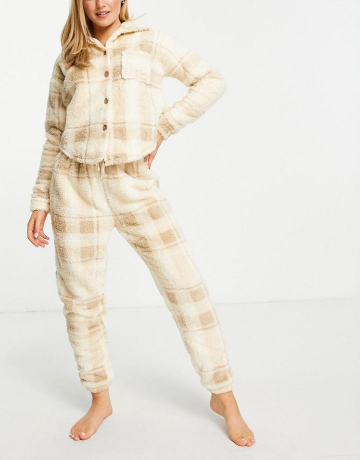 Loungeable Sherpa Check Shacket And Sweatpants Set In Cream-white