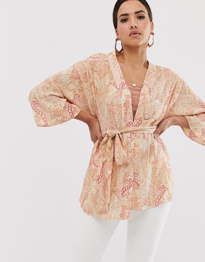 Asos Design Kimono With Fluted Sleeve In Paisley Print With Lurex Stripe - Multi