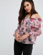 Lipsy Off Shoulder Ruffle Top In Floral Print - Multi