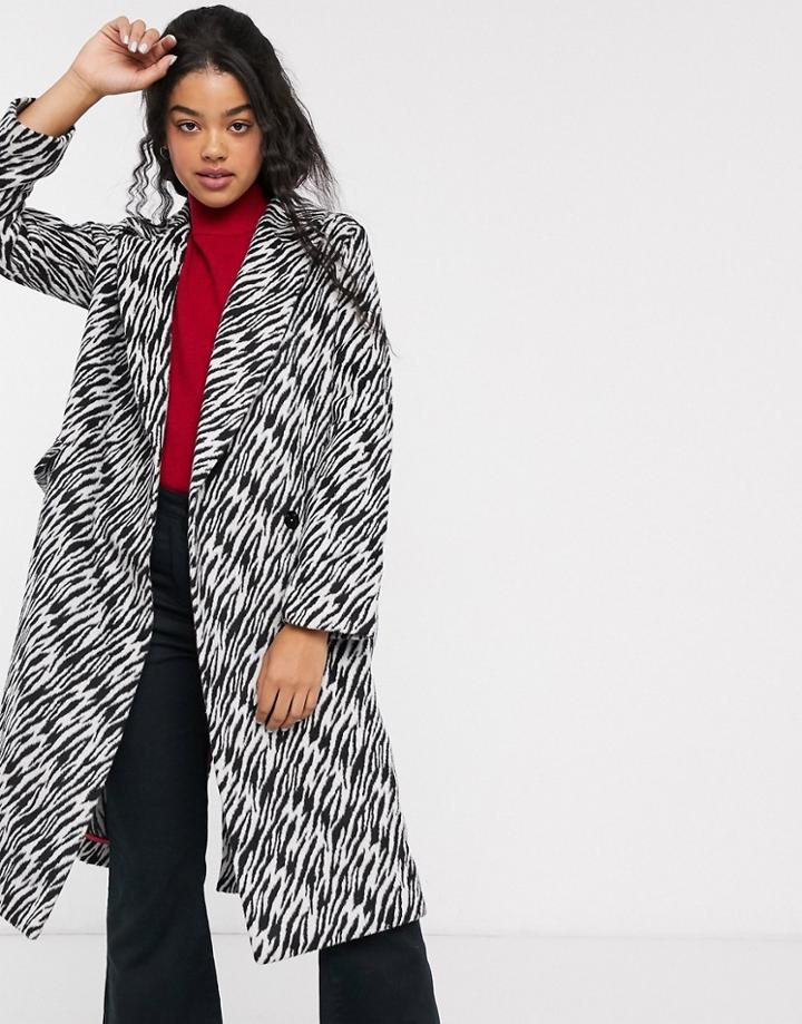Asos Design Black And White Animal Coat-multi