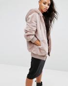 Asos Oversized Bomber Jacket With Hood In Faux Fur - Pink