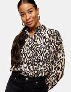 Topshop Blouse With Puff Sleeves In Animal Print-black