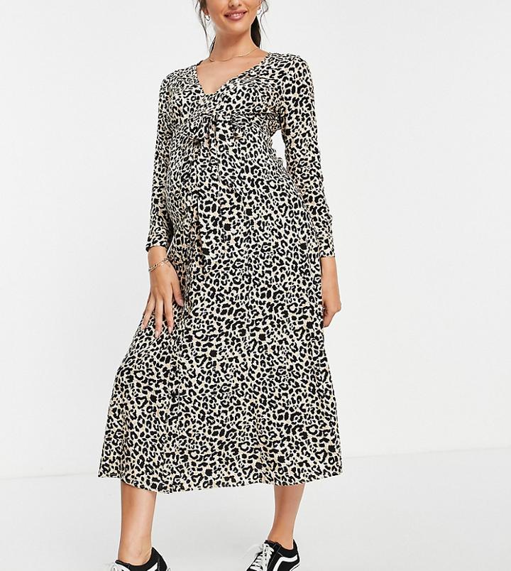 Asos Design Maternity Exclusive Tie Waist Button Through Midi Dress In Natural Animal Print-multi