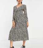 Asos Design Maternity Exclusive Tie Waist Button Through Midi Dress In Natural Animal Print-multi