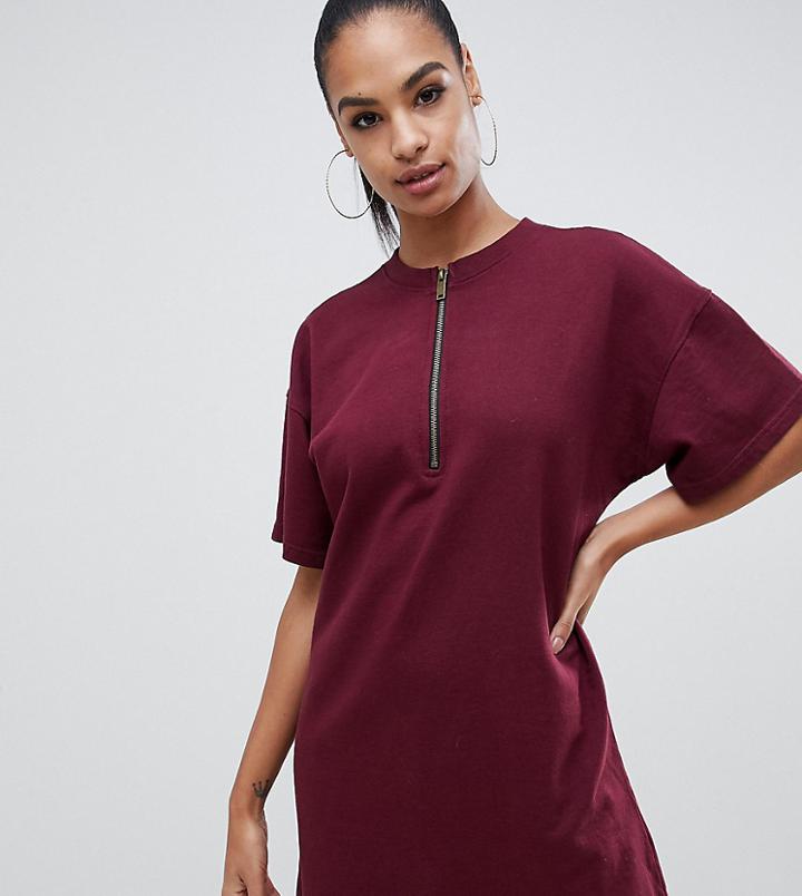Missguided Zip Down Oversized T-shirt Dress In Burgundy - Red