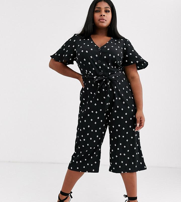 Simply Be Wrap Front Jumpsuit In Black Spot-multi