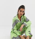Asos Design Petite Cheetah Satin Pyjama Pants Set - Green