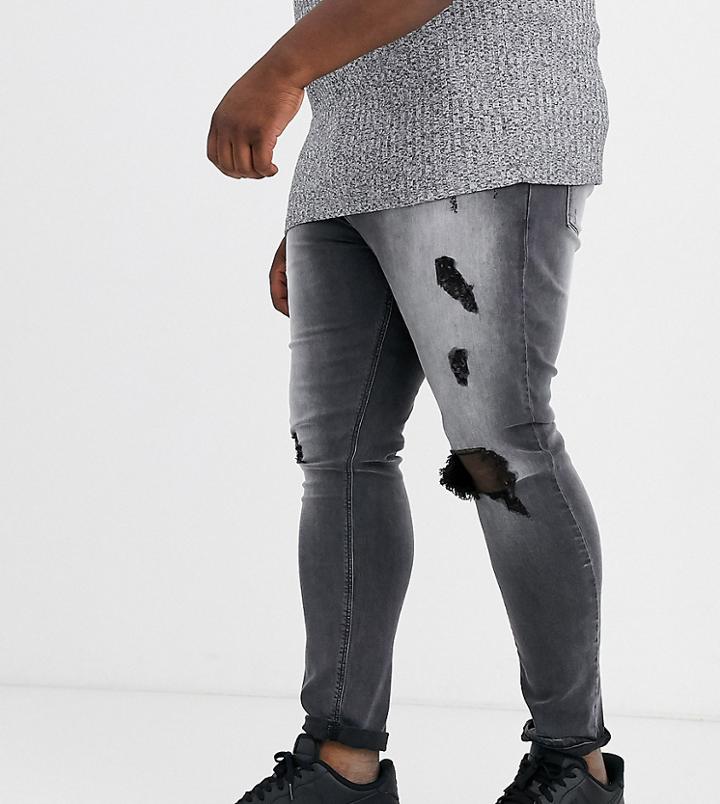 Asos Design Plus Spray On Jeans In Power Stretch In Washed Black With Heavy Rips