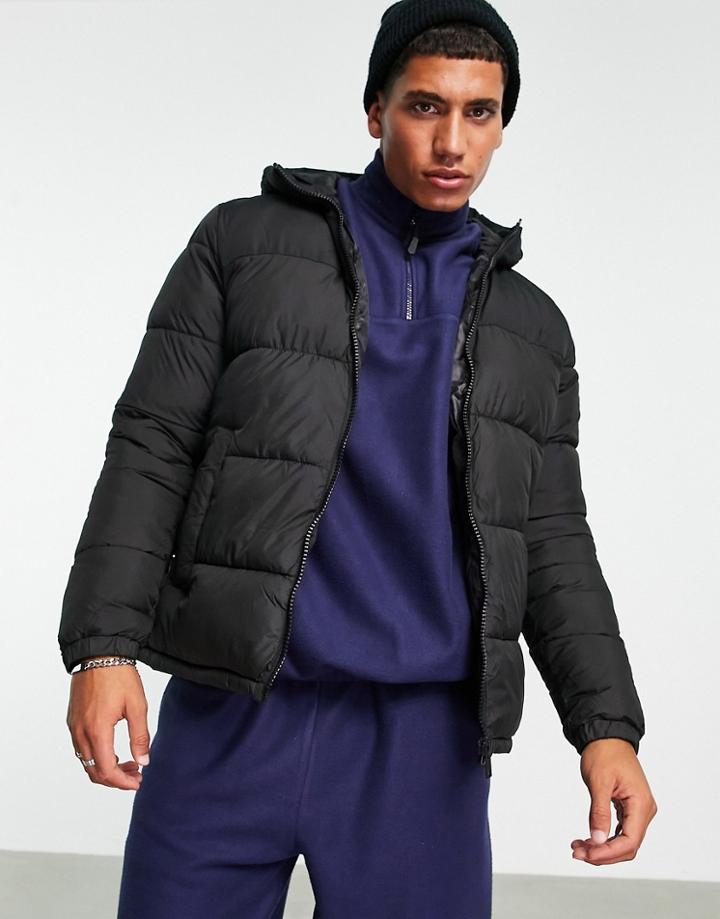 Jack & Jones Originals Hooded Puffer Jacket In Black