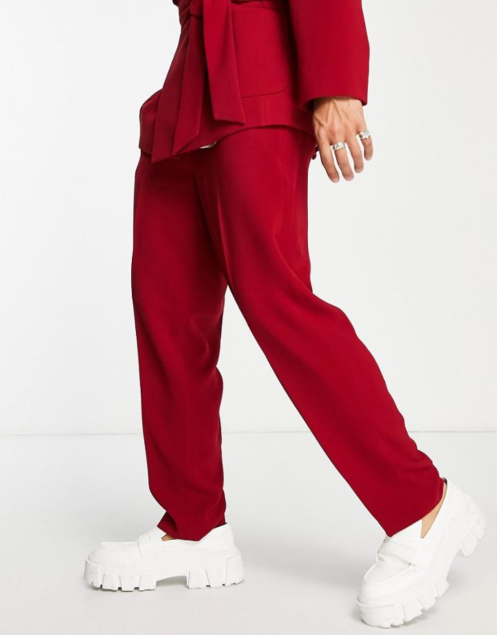 Asos Design Oversized Tapered Drawstring Waist Suit Pants In Red Twill