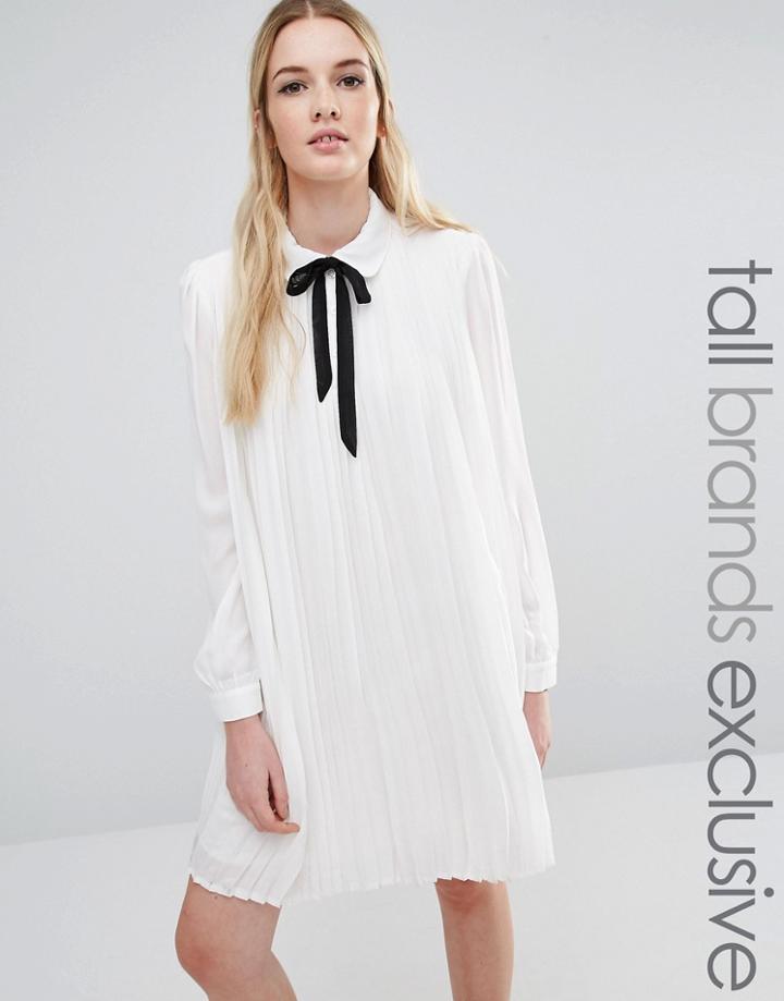 Fashion Union Tall Diana Pleated Shift Dress With Tie Detail - Cream