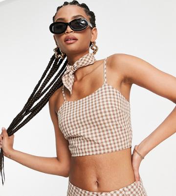 Heartbreak Tall Cami Crop Top With Bandana In Brown Gingham - Part Of A Set-gray