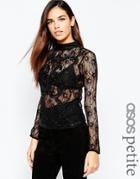 Asos Petite Lace Embellished High Neck Top - Black