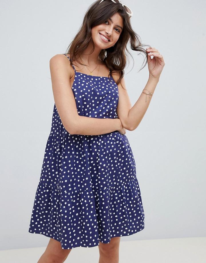 Asos Design Cotton Tiered Mini Sundress In Spot-multi