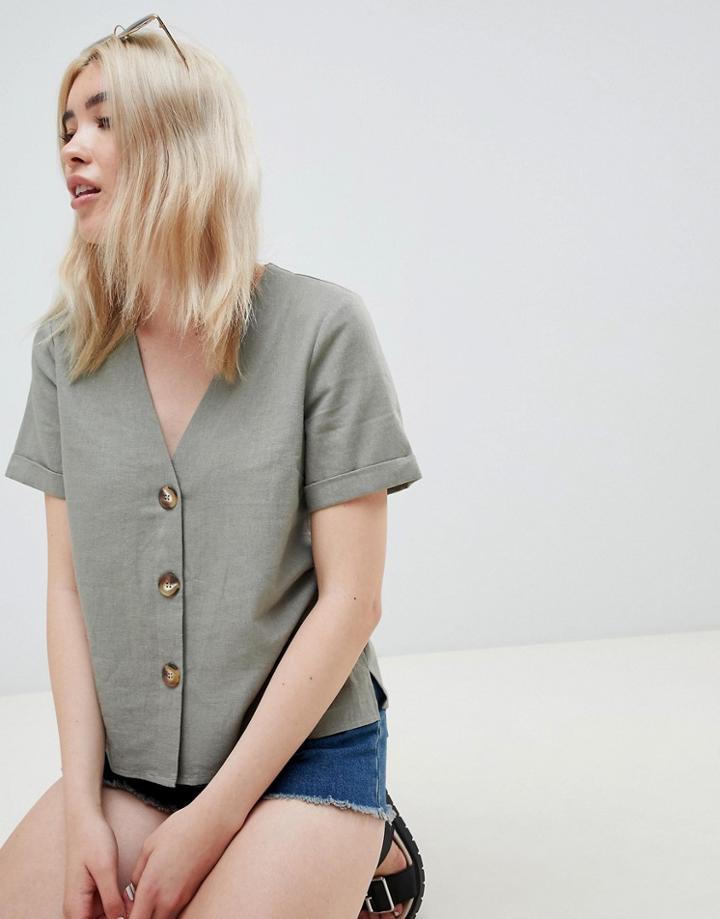 Asos Design Boxy V Neck Top In Khaki - Green